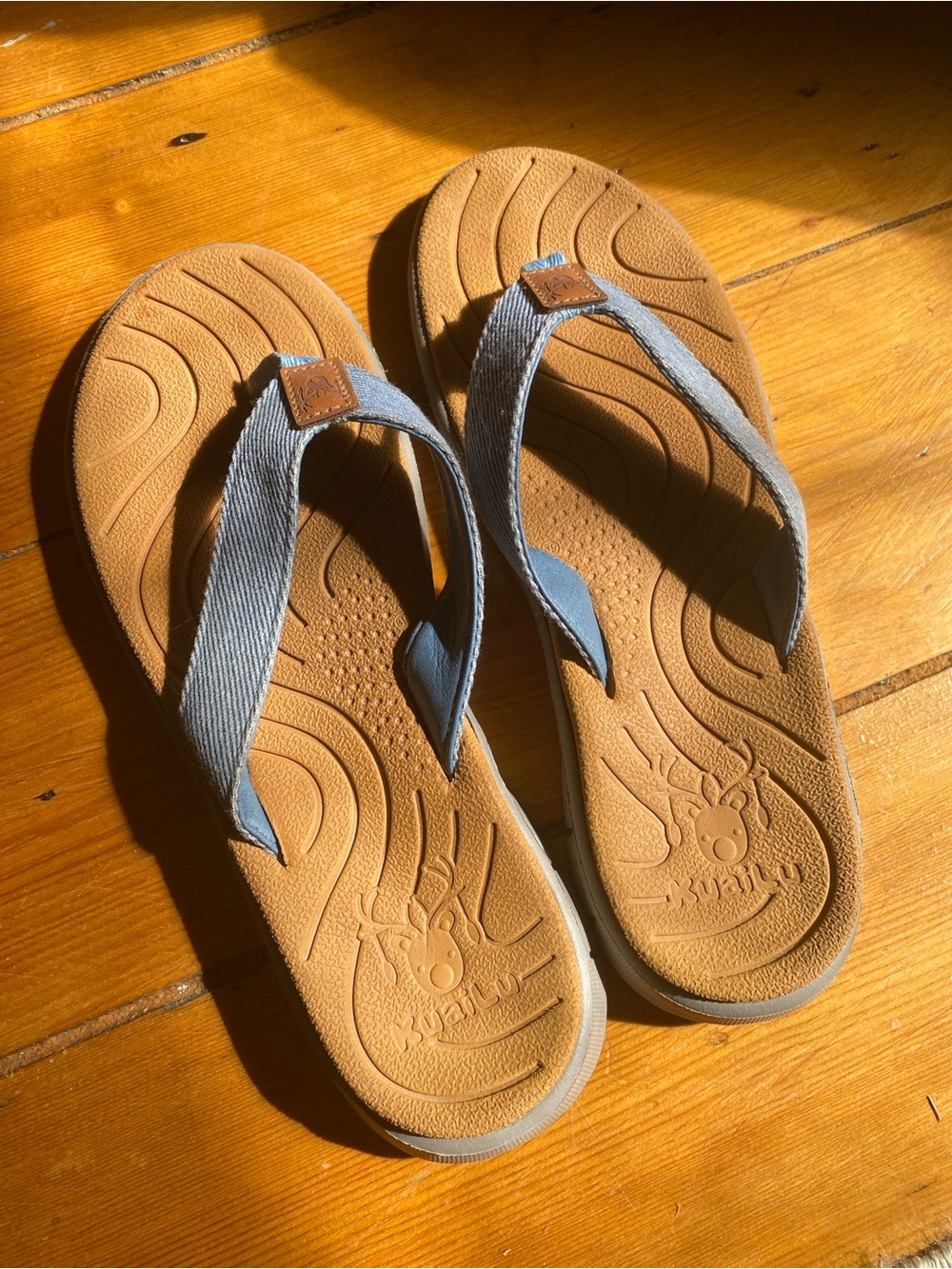 Women's Tan KuaiLu Flip Flops with light blue straps
